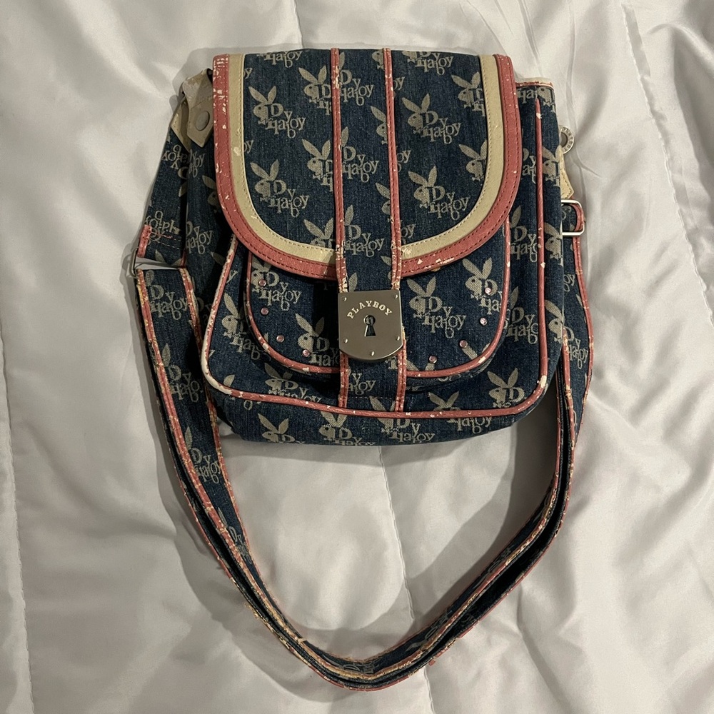 PLAYBOY RARE VTG Denim Blue & Pink Shoulder Bag with Monogram Pattern